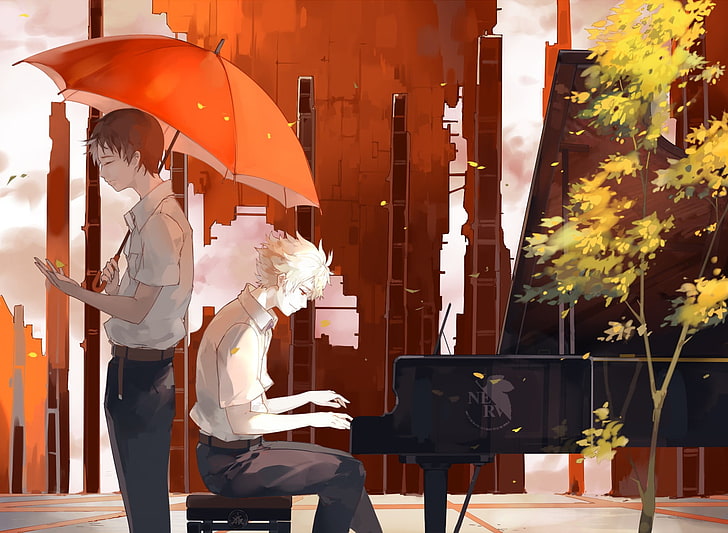 피아노 그림, 우산, 신세기 에반게리온, 피아노, 이카리 신지 연주 남성 애니메이션 캐릭터, HD 배경 화면