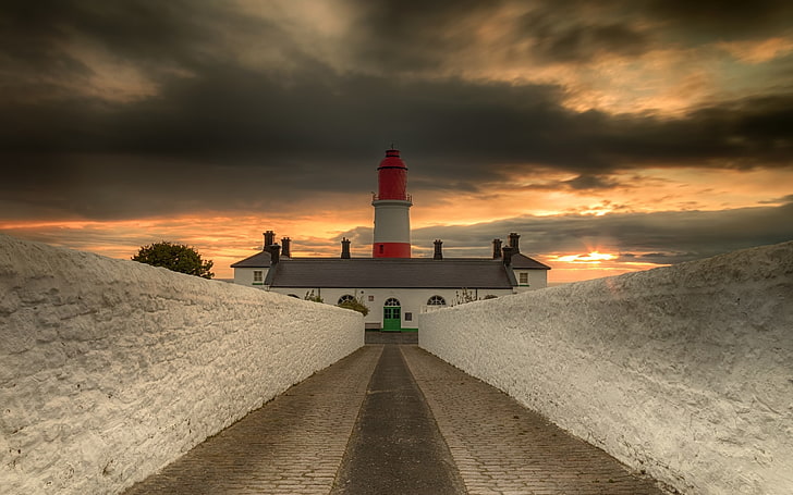 clouds, hdr, house, landscape, Lighthouse, nature, road, sunrise, Symmetry, Trees, walls, HD wallpaper