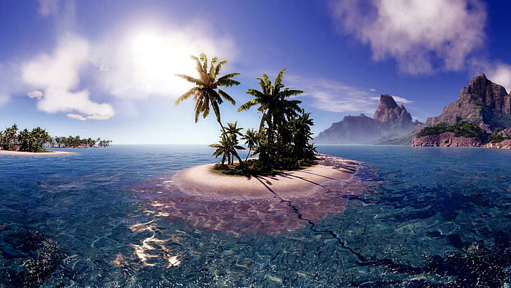 وحيد ، الجزيرة ، وسط المحيط ، المحيط ، النخيل ، شجرة النخيل ، الطبيعة، خلفية HD