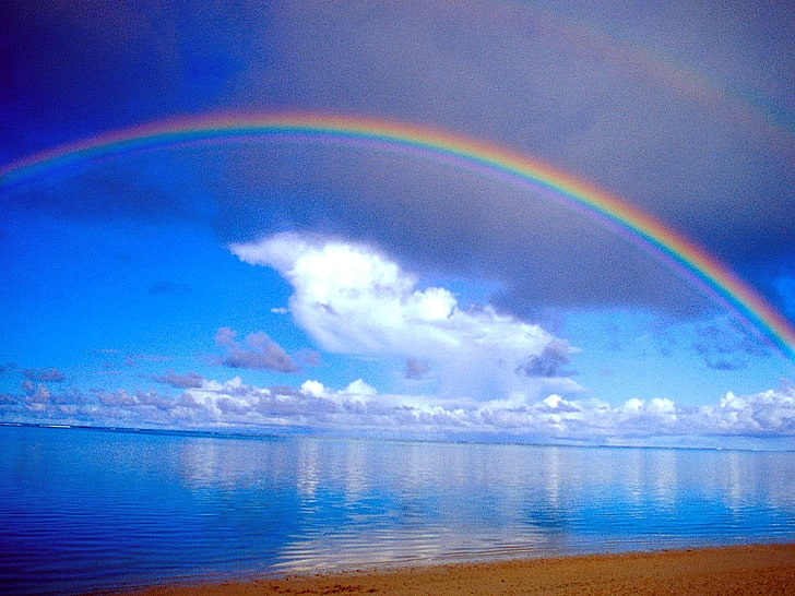 beach, clouds, rainbow, sea, sky, HD wallpaper