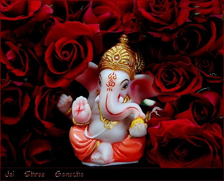 Shri Ganeshay Namah, Lord Ganesha figurine, God, Lord Ganesha, red, ganesha, rose, statue, lord, HD wallpaper