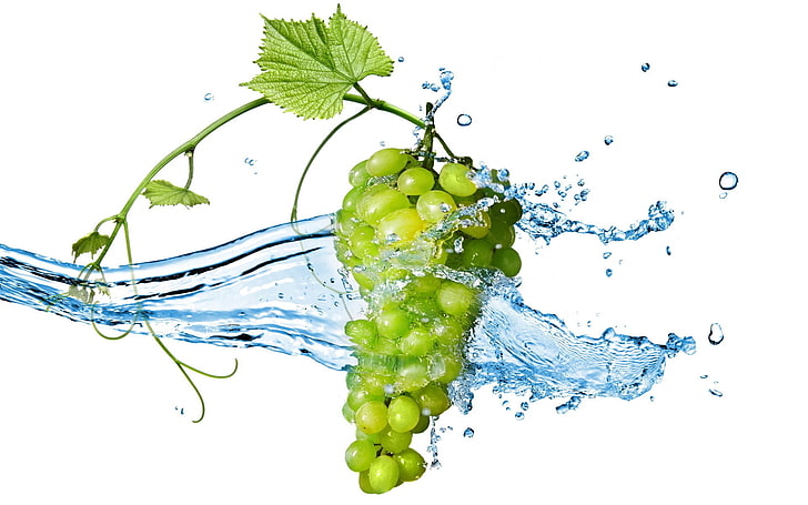 racimo de uvas verdes, bayas, racimo, salpicaduras de agua, uvas, Fondo de pantalla HD