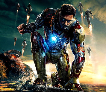 Robert Downy Jr. como Tony Stark, la explosión, superhéroe, Tony Stark, Iron Man 3, Fondo de pantalla HD HD wallpaper