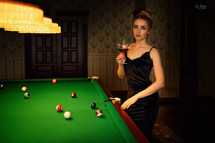 girl, table, balls, glass, dress, Billiards, Anna Shuvalova, HD wallpaper