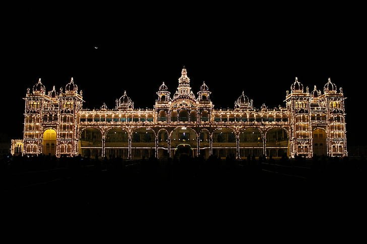 wieżowiec, pałac mysore, pałac mysore, pałac Mysore, wieżowiec, Indie, Karnataka, pałac Amba Vilas, Wodeyars, Henry Irwin, Wodeyar, noc, architektura, słynne miejsce, Tapety HD