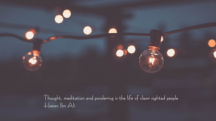 Ampoule de chaîne noire, Islam, Hasan Ibn Ali, Imam, citation, Imam Hasan, lumières, fil, profondeur de champ, Fond d'écran HD