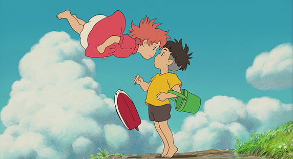 illustration de deux personnages de dessins animés garçon et fille, Ponyo (film), ponyo, anime, Studio Ghibli, Fond d'écran HD HD wallpaper