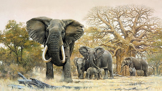 маслена живопис, слонове, слон, живопис, художествена, изкуство, дива природа, HD тапет HD wallpaper