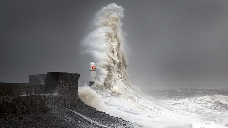 sea waves, nature, landscape, water, lighthouse, storm, coastline, wall, waves, sea, stones, Steve Garrington, Wales, HD wallpaper