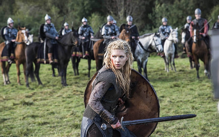 Vikingos Lagertha, vikingos, lagertha, katheryn winnick, espada, escudo, batalla, Fondo de pantalla HD