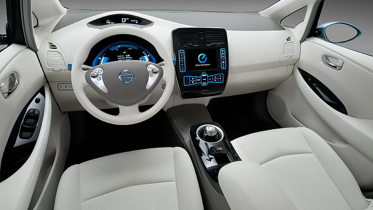 gray and white car interior view, Nissan LEAF, electric cars, Nissan, interior, city cars, Best Electric Cars 2015, ecosafe, review, side, buy, rent, 2015 Detroit Auto Show. NAIAS, HD wallpaper