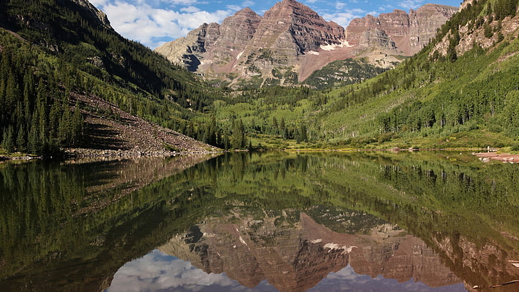 brown rocky mountain, landscape, lake, maroon bells, mountains, nature, reflection, Colorado, HD wallpaper