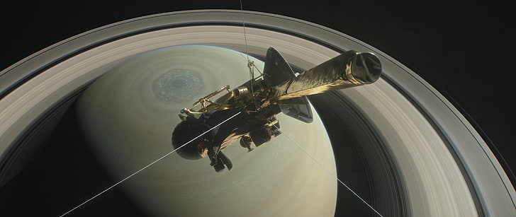 Grauer Satellit, NASA, Saturn, Cassini, Umlaufbahnen, Satellit, Weltraum, Raumschiff, Planetenringe, HD-Hintergrundbild