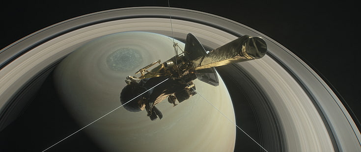 satelit abu-abu, NASA, Saturnus, Cassini, orbit, satelit, ruang angkasa, pesawat ruang angkasa, cincin planet, Wallpaper HD HD wallpaper