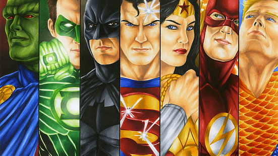 Комикси, Лига на справедливостта, Aquaman, Batman, DC Comics, Flash, Green Lantern, Martian Manhunter, Superman, Wonder Woman, HD тапет HD wallpaper