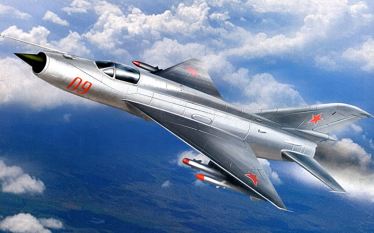 pintura de bombardero estratégico gris, el cielo, las nubes, el caza, el arte, el avión, OKB, multipropósito, OTAN, soviético, El MiG-21, desarrollado, ala, triangular, se convirtió, primero, codificación, Y-500, el producto E-5, el medio,: Fishbed,.El MiG-21, Mikoyan y Gurevich, avión, KB MiG, 1950-s, Fondo de pantalla HD