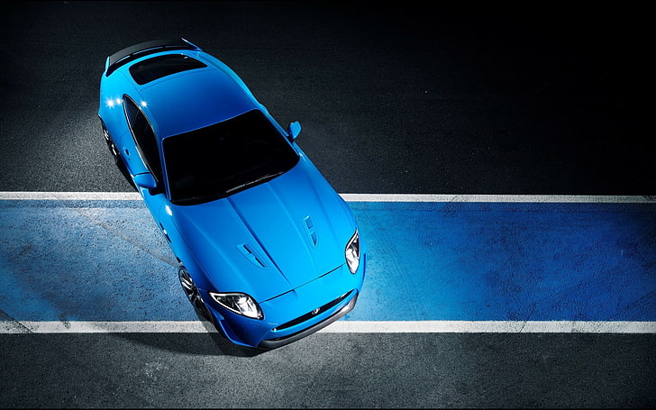 mainan mobil biru dan hitam, Jaguar, Jaguar XKR-S, Jaguar XKR, mobil biru, Wallpaper HD