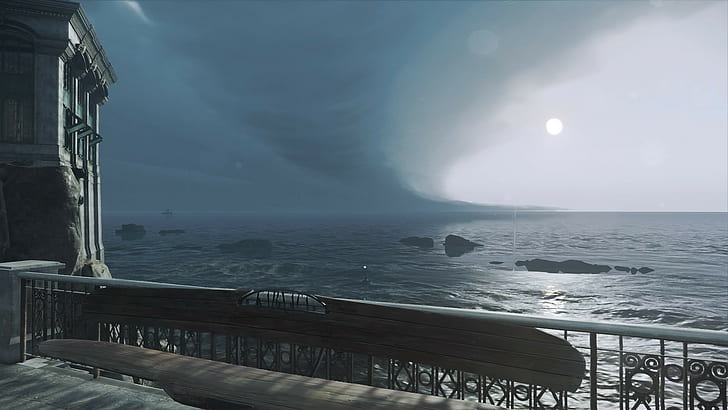 karnaka, dishonored 2, Dishonored, Dunwall, landscape, sunflowers, clouds, bench, coast, island, steampunk, HD wallpaper