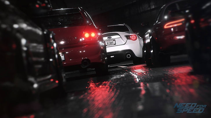 interni auto rosso e nero, Need for Speed, Mitsubishi Lancer Evolution, Subaru BRZ, auto, dark, videogiochi, asfalto, Sfondo HD