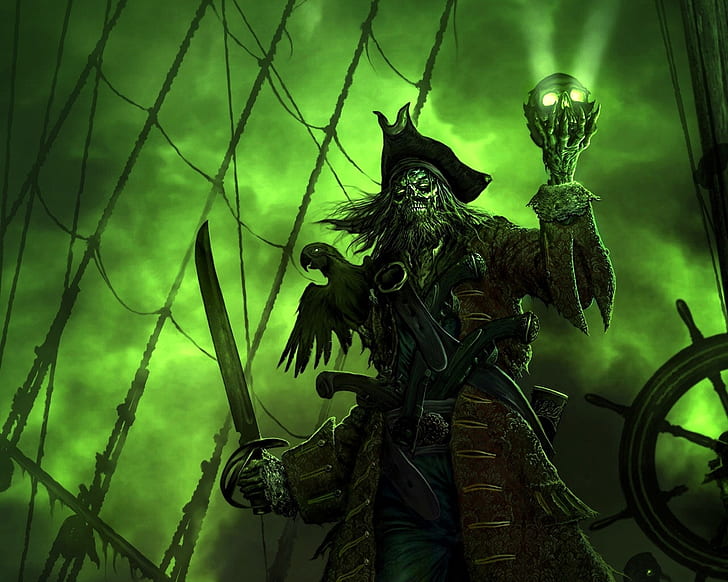 gröna skalle svart piratskepp pirater papegojor spökfartyg grön rök spöklikt Art Black HD Art, Green, Skulls, HD tapet
