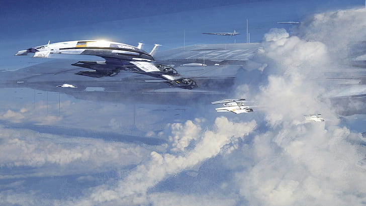 Normandy SR-2, sky, ship, video game, Mass Effect, Wallpaper HD