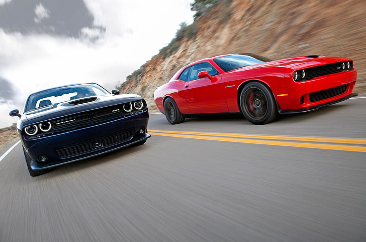 รถสีน้ำเงินและสีแดง, Dodge, ผู้ท้าชิง, Dodge Challenger Hellcat, SRT, รถ Muscle, รถอเมริกัน, วอลล์เปเปอร์ HD