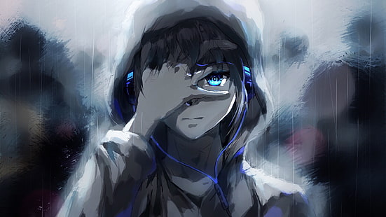 anime boy, hoodie, mata biru, headphone, lukisan, Anime, Wallpaper HD HD wallpaper