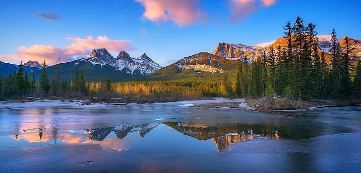 Canada, mountains, lake, forest, frost, snowy peak, clouds, reflection, nature, landscape, HD wallpaper