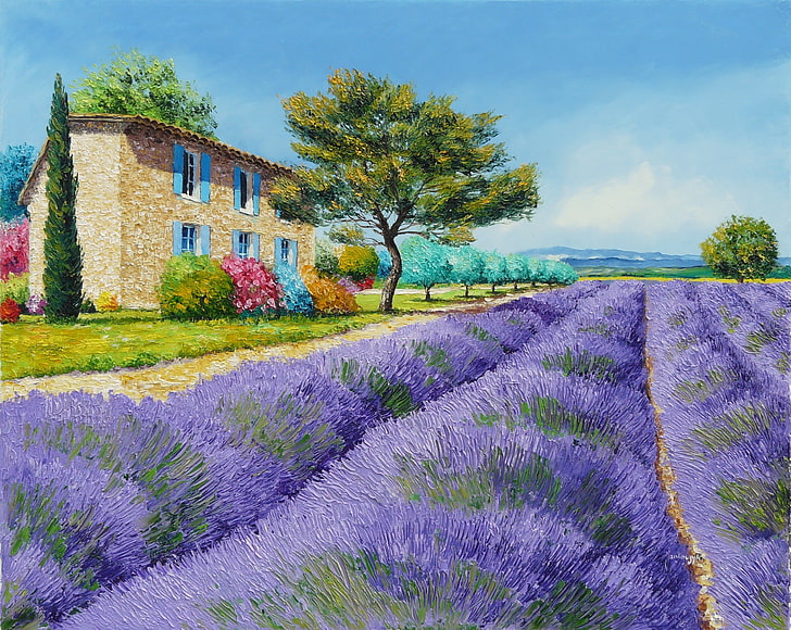 bidang bunga ungu dekat lukisan rumah cokelat, bidang, pohon, pemandangan, bunga, pegunungan, rumah, gambar, seni, semak-semak, Jean-Marc Janiaczyk, lavender, Provence, Wallpaper HD