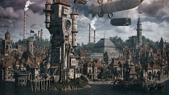 Steampunk-Stadt, Steampunk-Welt, Steampunk, Fantasie, HD-Hintergrundbild HD wallpaper