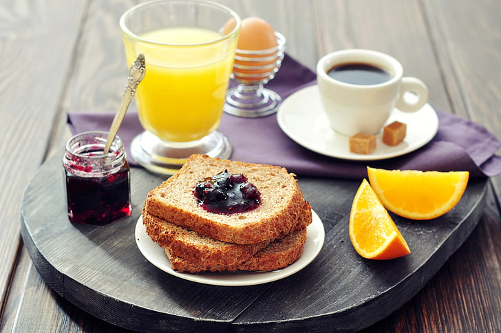 ขนมปังปิ้ง, กาแฟ, อาหาร, อาหารเช้า, น้ำผลไม้, ขนมปัง, ส้ม, แยม, ขนมปังปิ้ง, ส้ม, วอลล์เปเปอร์ HD