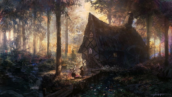 House, Forest, River, Trees, Artwork, Fantasy Art, Cabin, man, woman and wooden house painting, house, forest, river, trees, artwork, fantasy art, cabin, HD wallpaper