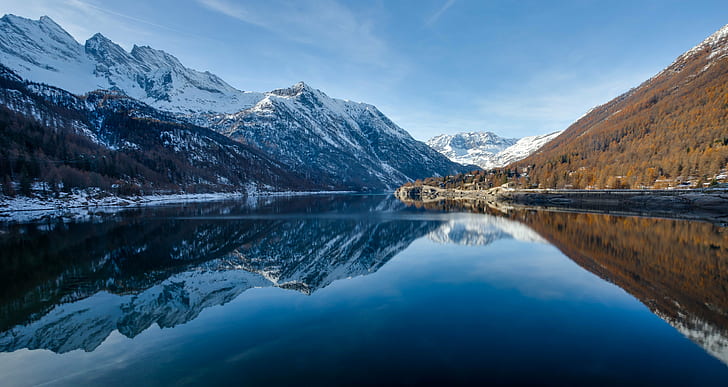 panorama photography of calm body of water surrounded by mountains, ceresole reale, ceresole reale, view, Ceresole Reale, dam, panorama photography, calm, body of water, mountains, Canon EF, 40mm, 4L, USM, Colle del Nivolet, EOS 5d Mark III, Lago, di, Dres, Levanne, Piemonte, Punta, Orco, Valle d'Aosta, mountain, nature, lake, snow, landscape, outdoors, scenics, mountain Peak, european Alps, water, reflection, mountain Range, blue, travel, sky, beauty In Nature, europe, glacier, ice, HD wallpaper