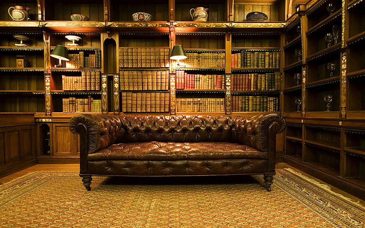 коричневый кожаный диван, кушетка, книги, в помещении, HD обои