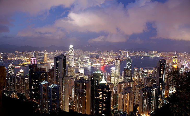 Хонконг Нощен изглед, кафяви бетонни сгради, Град, Изглед, Нощ, Конг, Хонг, HD тапет