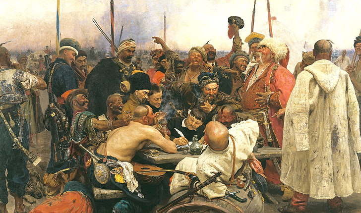 ancient gathering painting, picture, The Cossacks writing letter to Turkish Sultan, Ilya Repin, HD wallpaper