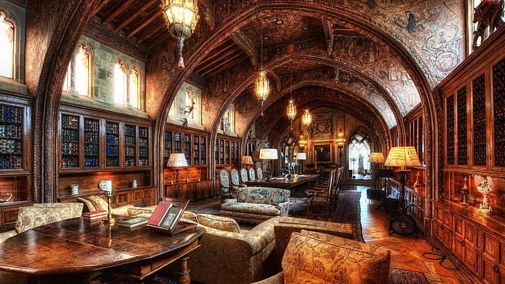 овална кафява дървена помощна маса, библиотека, HDR, на закрито, книги, средновековна, HD тапет