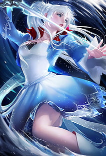 흰 머리 여자 애니메이션 캐릭터 일러스트, Sakimichan, RWBY, Weiss Schnee, 흰 머리카락, HD 배경 화면 HD wallpaper