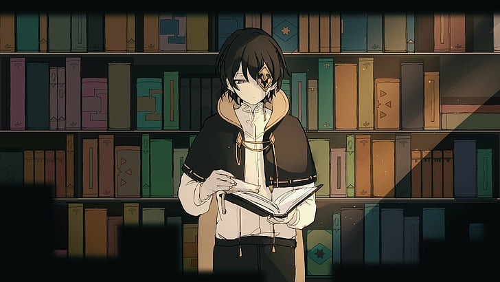 Anime, oryginał, książka, chłopiec, przepaska na oko, biblioteka, Tapety HD