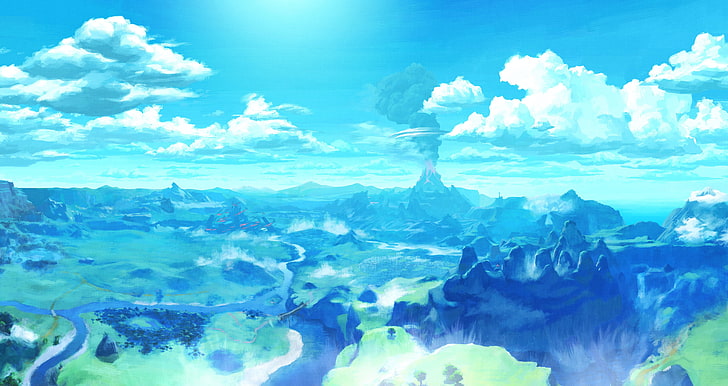 планина и дървета анимирана снимка, Легендата за Зелда: Дишането на дивата природа, Легендата за Зелда, Хируле, видео игри, HD тапет