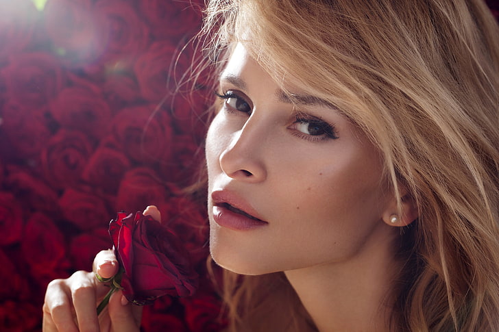 Red rose, Model, Beautiful woman, HD wallpaper