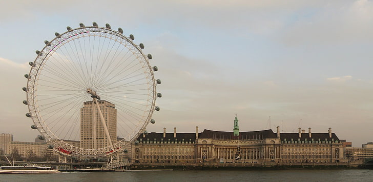 Лондонско око, Лондон, Лондон, Англия, река, къщи, сгради, виенско колело, HD тапет