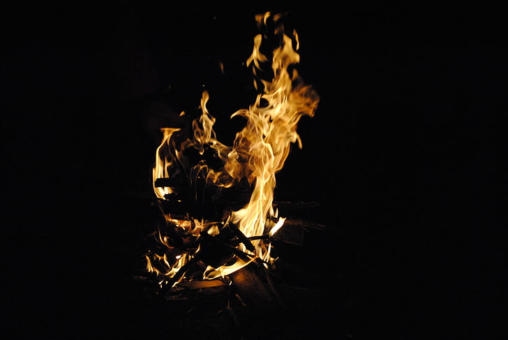 fire, night, wood, burning, HD wallpaper