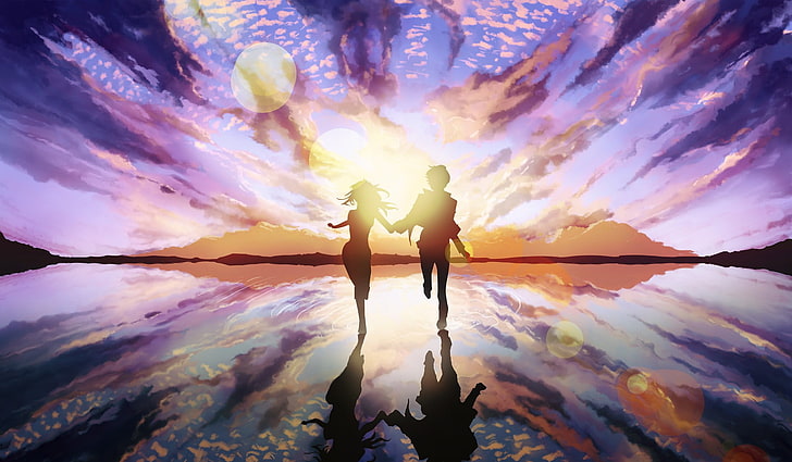 anime, gadis anime, matahari terbenam, berpegangan tangan, pulau, Wallpaper HD