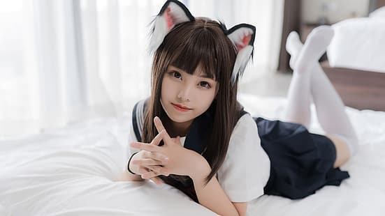 Asiático, cosplay, uniforme escolar, pernas para cima, orelhas de animais, mulheres, na cama, cabelo comprido, HD papel de parede HD wallpaper
