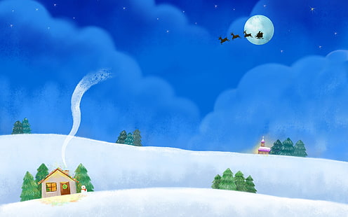 Christmas season-themed painting, clouds, night, holiday, hills, the moon, smoke, figure, stars, the snow, house, snowman, team, sleigh, garland, deer, tree, light bulb, HD wallpaper HD wallpaper