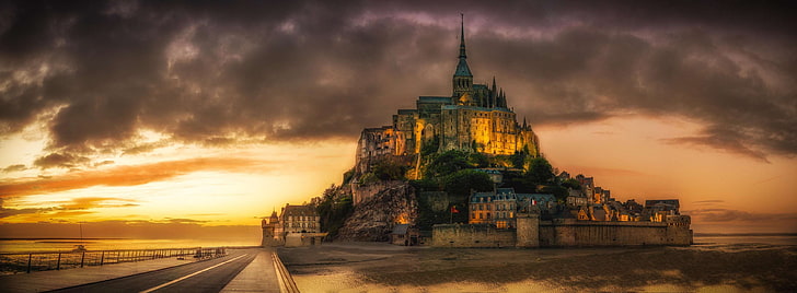 abbey, bretagne, brittany, castle, cathedral, church, colorful, europe, famous, fortress, france, historic, island, landmark, monastery, mont st michel, normandy, panorama, rock, sky, sunset, tour, HD wallpaper