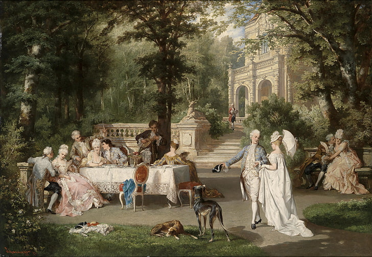 people in garden painting, dogs, trees, Park, table, ladies, picture, Austria, Palace, the conversation, greyhounds, Vienna, 19-th century, 19th century, Carl Schweninger Jr., Carl Sininger Jr., the Cavaliers, gentlemen, conversation, Galante company in the castle Park, Gallant society in the Schloßpark, HD wallpaper