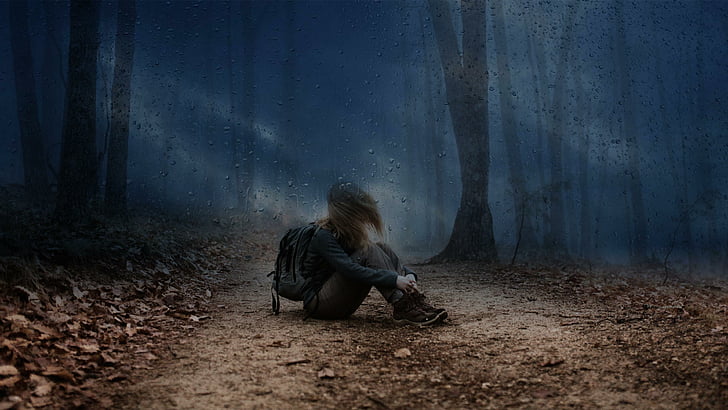girl, stormy, storm, rainy weather, drops, rain, fearful, fear, psychological, creepy, depressive, dark forest, night, forest, long hair, tree, loneliness, sadness, trauma, darkness, HD wallpaper