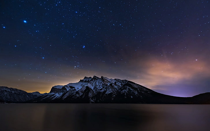 black and gray mountain, stars, space, planet, mountains, snowy peak, clouds, HD wallpaper